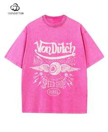 100% Cotton Washed Distressed Print Tee, Retro Streetwear Crew Neck Top, Pink Acid Wash "Speed Shop" Winged Eye Graphic, Vintage Motorcycle Themed Short Sleeve Oversized Tee, Summer Vintage Outfit For Men - 粉色 - 查看 1