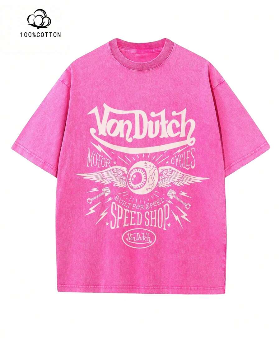 100% Cotton Washed Distressed Print Tee, Retro Streetwear Crew Neck Top, Pink Acid Wash "Speed Shop" Winged Eye Graphic, Vintage Motorcycle Themed Short Sleeve Oversized Tee, Summer Vintage Outfit For Men - 粉色 - 查看 1