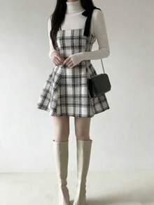 Đầm ngắn hai dây thắt nơ kẻ caro thời trang nữ, mùa xuân/hè - Đen và trắng - Xem 8