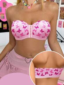 Áo ngực không gọng, in họa tiết, cài trước, thoải mái dành cho nữ. - Hồng - Xem 5