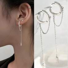 Boucles d'oreilles longues à franges en cubic zirconia cubique étincelant, boucles d'oreilles créoles personnalisées hip-hop avec perle, accessoire polyvalent pour les fêtes et les mariages - Argent - Voir 1