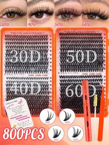 800/740/720 DIY仿貂毛假睫毛，C/D卷度，10D+20D+30D+40D/50D+60D+80D+100D/80D+100D+120D+150D，手工制作，可重复使用，蓬松浓密单根假睫毛套装，轻盈美睫，浓密型假睫毛，隐形眼镜佩戴者适用 - 亮橙色 - 查看 18