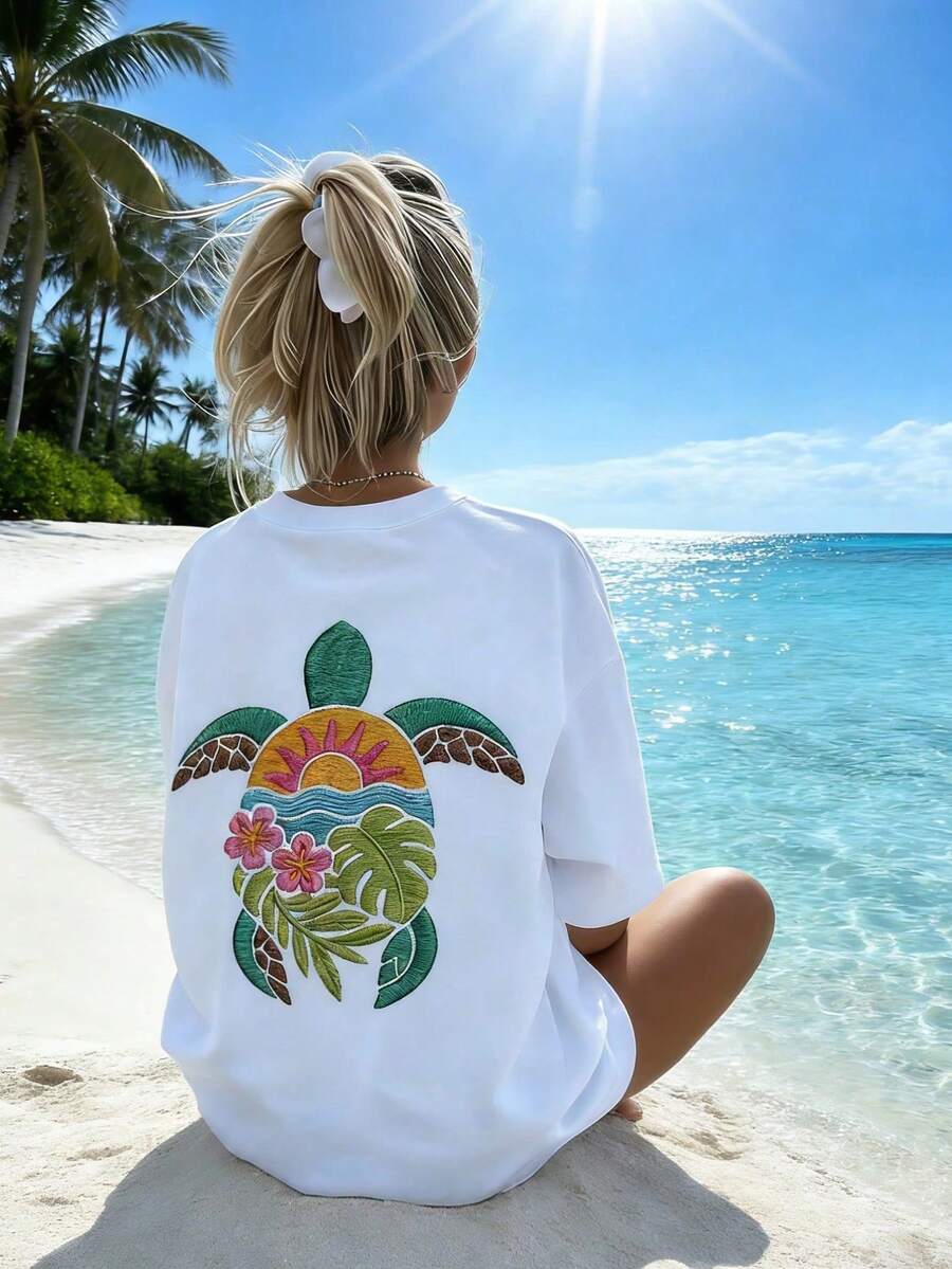 1pc Tween Girls' Sea Turtle Print Short Sleeve T-Shirt, Student Youth Apparel, Summer Top Prepared For Girls To Play - White - View 1