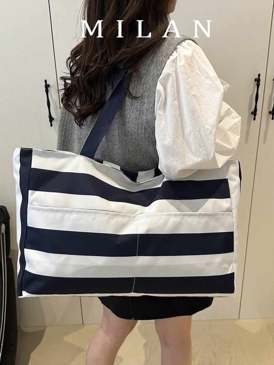 Striped Bohemian Large Capacity Tote Bag, Waterproof Beach Bag, Spacious Handbag, Travel Canvas Bag - Navy Blue - View 1