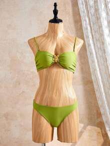 2pcs Women's Bikini Set, Metal Flower Decor Adjustable Strap Bikini, Floral Mesh Print Bohemian Beach Dress Cover Up, 3-Piece Swimwear Set, Suitable For Beach, Vacation And Pool Party Black Summer - màu xanh lá - Xem 9