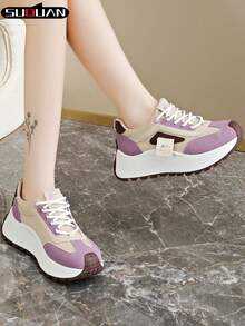 New Women's Contrast Color Thick Sole Casual Shoes, Soft & Shock-Absorbing, Breathable & Skin-Friendly, Height Increasing, Versatile For Commuting, Outing, Dating, Shopping, Daily Wear, Fashionable Shoes For Young Girls, Popular Student Casual Shoes, Non-Slip , Easy To Maintain - Purple - View 7