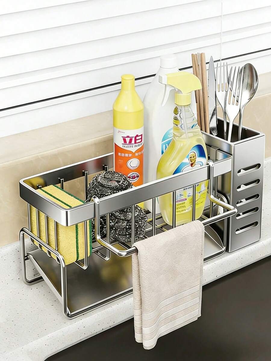 1pc Stainless Steel Kitchen Sink Organizer Rack, Thick Rust-Resistant Design With Integrated Sponge Holder - Black Space-Saving Countertop Dish Drying Rack, Suitable For Sink, Dishcloth, Brush - Compact Kitchen Storage Rack, Fits Small Spaces, Sink Caddy With Towel Bar, Kitchen Sink Shelf, Stainless Steel Sink Organizer