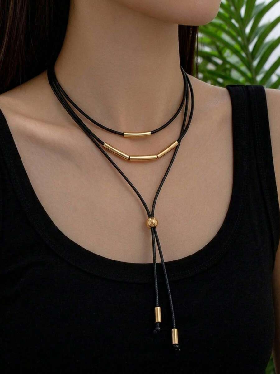 1 Stück minimalistischer vintage schwarzer Kordel-Mehrschicht-Y-Halskette mit Metallkugel, geeignet für den täglichen Gebrauch, Partys und Urlaub - Schwarz + Röhre - Übersicht 1