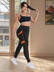 Plus Size Women High Waist Lifting Yoga Pants, Contrast Color Design, Side Pockets, Tight Fit Leggings For Running, Training, Casual Sports - Orange - View 7