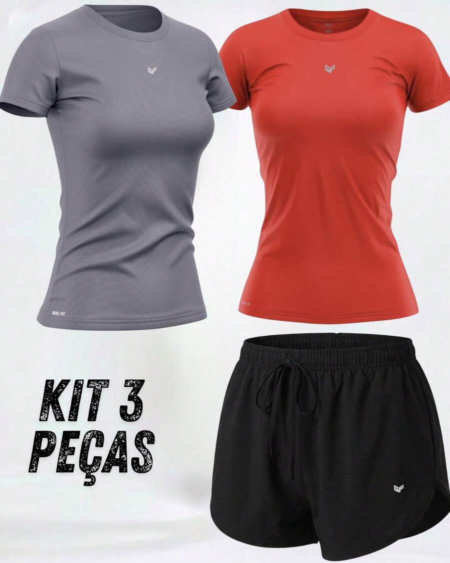 Women's 3-Piece Gym Kit: 2 Dry Fit T-Shirts + Comfortable Tactel Shorts - Women's 3-Piece Fitness Set With 2 Dry Fit Tops + Lightweight Shorts - 套件 I - 查看 1