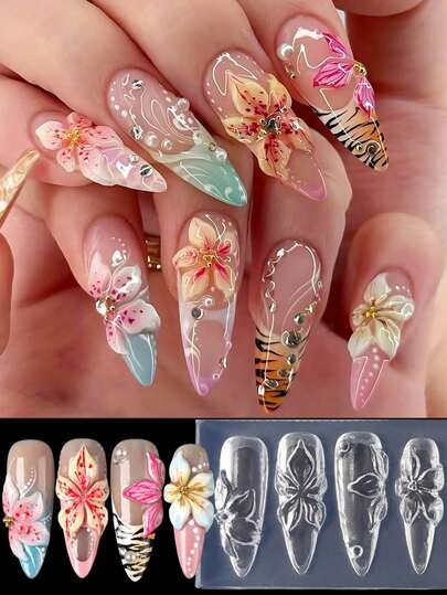 Khuôn dập móng tay silicon hình hoa đại dương, hoa trà, hoa lan, hoa nở rộ, khuôn khắc móng tay, khuôn sơn gel, khuôn móng tay kiểu Nhật Bản cho móng tay cưới, dụng cụ làm móng, dụng cụ chăm sóc móng.