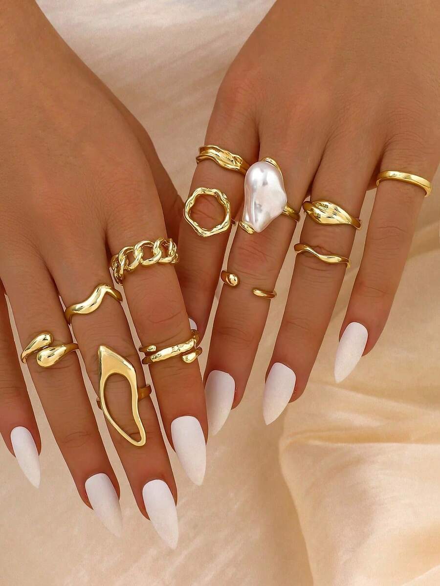 12pcs/Set Baroque Style French Faux Pearl Rings, Asymmetrical Elements & Lines Stackable Rings, For Women - Vàng - Xem 1