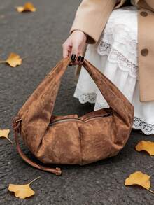 Suede Crescent Hobo Bag For Women | Soft Shoulder Bag With Drawstring | Minimalist Casual Handbag - Multicolor - View 6
