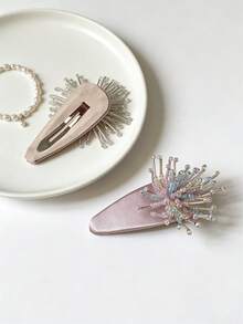 1pc Spring Beaded Firework Light Pink Satin Waterdrop BB Hair Clip, Sweet Niche Hair Accessory For Women,Summer,Holiday,Travel - Multicolor - View 2