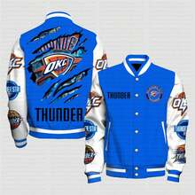 Men's N-B-A  Oklahoma City Thunder Tear Graphic Print Varsity Jacket Unisex Vintage Letterman Baseball Jacket Game Day Basketball Fan Gear Casual Streetwear Full Snap Outerwear - 風格 - 查看 1