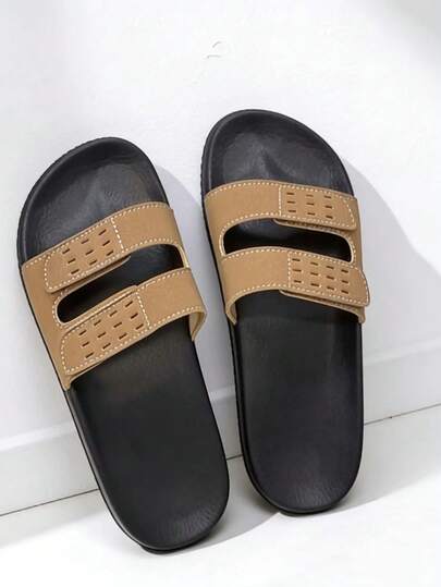 Adjustable Hook & Loop Slippers, Unisex Casual Sandals, Outdoor Beach Shoes, Soft Cork Slides, Breathable Holes (Quantity Of Holes Varies), Comfortable Flat Flip Flops