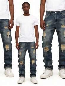 Men's Retro Washed Distressed Slim Fit Jeans With Wear Patch Details - Western Style Denim Pants, Blue Washed Slim Fit Jeans, Men's Casual Stretch Retro Distressed Denim Jeans, Men's American Street Ripped Jeans, Men's Bottoms, Without Waistband - 藏蓝色 - 查看 3