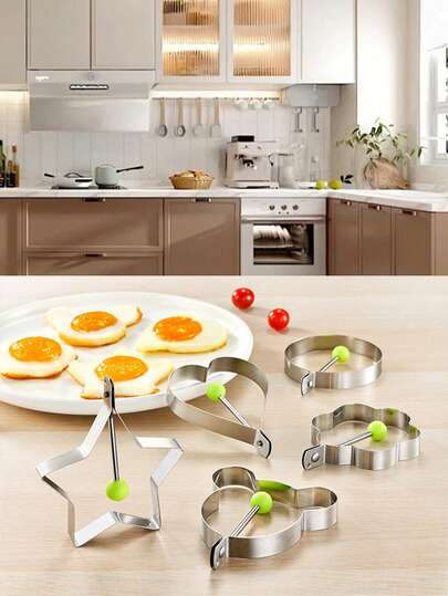 Set de 5 moldes para huevos fritos, molde multifuncional de acero inoxidable grueso con formas de corazón/estrellas/flores/estrellas para hacer huevos creativos, molde para freír huevos y tortitas, accesorio de cocina para caravana, utensilios de cocina para sartenes antiadherentes, molde de acero inoxidable para huevos fritos con forma de corazón, perfecto para bento box