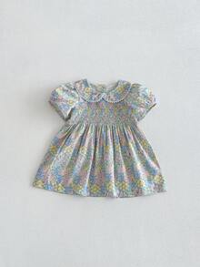 Miniweenns 1件女嬰夏季洋裝，彩色花卉圖案，蕾絲領泡泡袖，甜美公主風透氣洋裝 - 彩色 - 查看 17