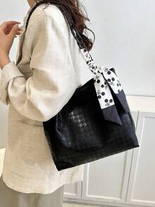 Versatile Casual Silk Scarf Decor Minimalist Solid Color Small Tote Bag For Commuting - Black - View 5