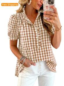 Puff Sleeve Striped Ruffle Blouse V Neck Button Front Summer Top Chic Casual Work Office Outfit For Women - Khaki Plaid - View 1