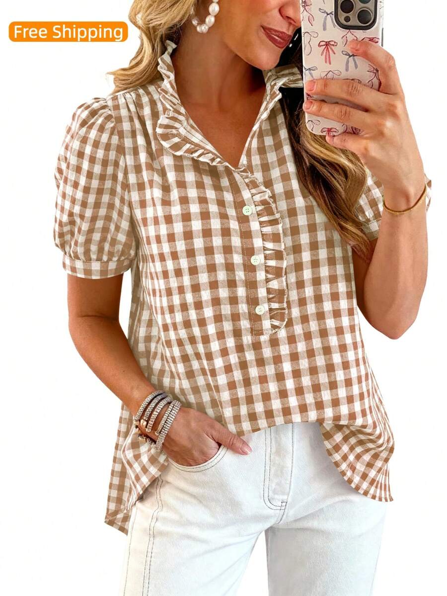 Puff Sleeve Striped Ruffle Blouse V Neck Button Front Summer Top Chic Casual Work Office Outfit For Women - Khaki Plaid - View 1