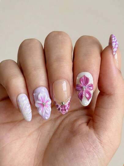 French Floral Acrylic Nails, 10Pcs Medium Almond Shape, Press On Nail Tips, Y2K Purple 3D Fake Nail Set, Featuring Crocodile-Print And Silver Bead Accents, Suitable For Girls And Women, Nail Accessories For Everyday Wear And Holiday Party Decorations Or Gifts