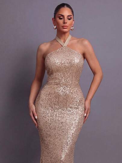 女士无肩带露背亮片正式晚礼服 - 优雅正式礼服，饰有闪亮细节，适合派对、宴会、婚礼、舞会和盛大晚宴