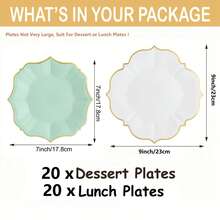 40pcs Mint Green & White Disposable Paper Plates, 7-Inch Sage Green Dessert Plates (20pcs) And 9-Inch White Lunch Plates (20pcs) With Gold Rim, Dining Tableware For Birthday Wedding Party, Wavy Edged Paper Plates - Green and White - View 9