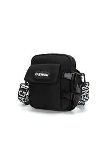 新款夏季男士尼龙单肩包，休闲斜挎包，简约方形包（所有织带图案和字母均为随机） - 黑色 - 查看 8