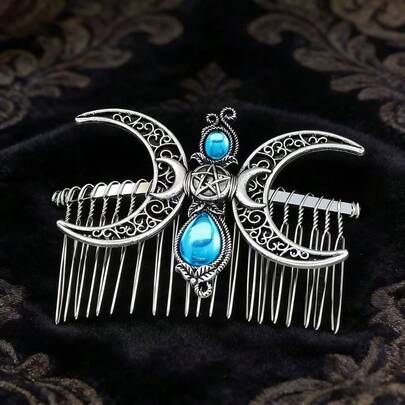 1件复古维京凯尔特发梳 - 精致的月亮和星星图案发夹 - 神秘仙女发饰，适合女孩，发饰礼品梳，侧梳，婚礼，发饰