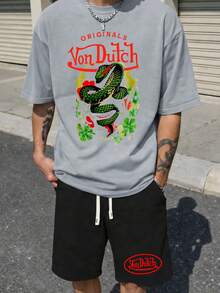 2pcs Men Creative Short Sleeve Print T-Shirt & Shorts Set Dragon And Floral Pattern With Vons Dutch Text Streetwear Soft Fabric Breathable Print T-Shirt & Shorts Set - 灰色和黑色 - 查看 1
