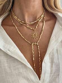 1 pieza Collar largo con colgante minimalista y elegante de sol con cuentas, collar de mujer dulce con cuentas cuadradas de CCB y de arroz, adecuado para el uso diario, vacaciones en la playa, citas, compras, decoración de atuendos, fiestas, festivales de música, mejor regalo para mujeres en el Día de San Valentín, aniversario (material de resina CCB sin metal, comprar con cuidado) - Dorado - Ver 5