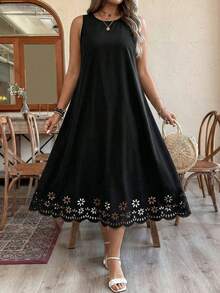 Women's Black Sleeveless Scoop Neck Midi Dress With Laser Cut Out Scallop Hem, A-Line Tank Sundress For Summer Casual Wear - Black - View 3