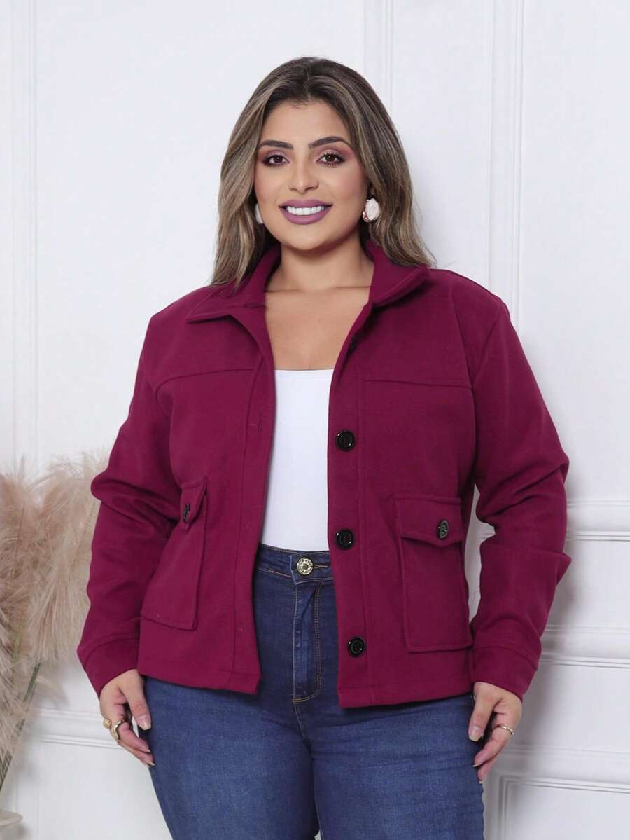 Women's Casual Jacket, Wool-Type Fabric, Pockets, Buttons On The Front, Suitable For Everyday Cold Weather. - Redwood - View 1