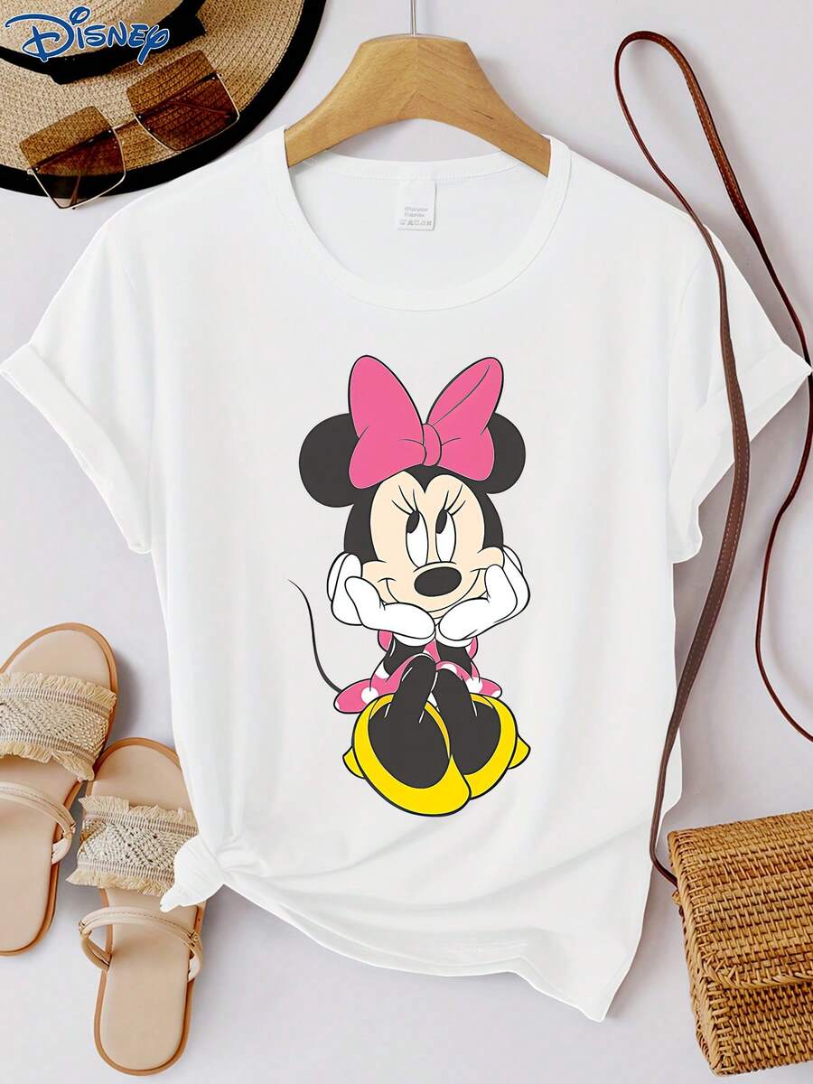 Disney 1件女士短袖T恤，米妮图案印花，圆领，弹力面料，易打理，适合日常穿着，时尚女士短袖T恤，休闲服饰 - 白色 - 查看 1