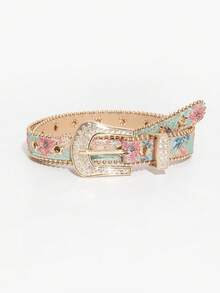 1pc Hollow Rhinestone Buckle Bohemian Floral Pattern Women's Belt, Suitable For Summer Vacation, Beach, Casual Wear - Rhinestone a - Multicolor - - View 4