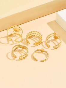 5pcs Vintage Elegant Star Ring Set, Hollow Pearl Chain Open Stainless Steel Rings, Waterproof Non-Fading Jewelry Gift For Women - Star - View 6