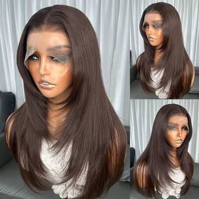 Kanekalon Futura Hair Chocolate Brown 13x4 Synthetic Lace Front Wigs For Women 18 Inch Medium Long Wavy Curtain Bangs Glueless Kanekalon Hair Resistant Synthetic Hair Wigs Middle Part 150% Density Natural Hairline Glueless Wigs For Fashion Women Girls Party Vacation Show Makeup Use Daily Wear