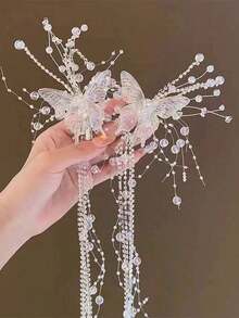 2pcs/Set Crystal Butterfly Tassel Hair Clips, Perfect For Bridal Updo, Festival Photos Or Gifts Elegant Tiaras. Valentine's Day Accessories,Wedding Hair Accessories - 白色 - 查看 1