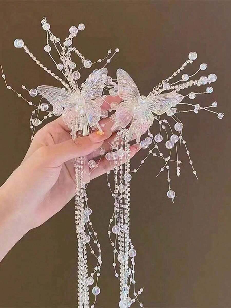 2pcs/Set Crystal Butterfly Tassel Hair Clips, Perfect For Bridal Updo, Festival Photos Or Gifts Elegant Tiaras. Valentine's Day Accessories,Wedding Hair Accessories - 白色 - 查看 1
