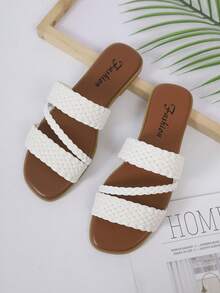 女士编织带凉拖鞋，休闲方头平底拖鞋，适合夏季海滩和日常穿着 - 白色 - 查看 5