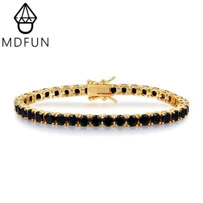 MDFUN 18K Gold Plated 4mm Round Black Nano CZ Tennis Bracelet For Women Men, Sparkling CZ Charm Bracele
