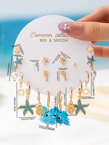 Set de 20 piezas de aretes colgantes con motivos de vida marina - Aretes de aro dorado simple con colgantes de estrella de mar, cangrejo y sol - Joyería de estilo bohemio para vacaciones de verano - Multicolor - Ver 2