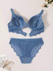 Set Bra dan Celana Dalam Wanita dari Katun Jacquard dan Renda - Biru - View 2