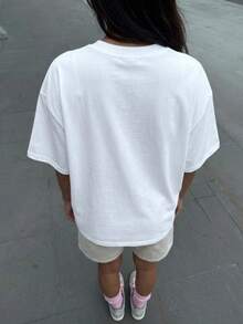 女士圆领短袖常规T恤，略带弹性的面料 - 白色 - 查看 2