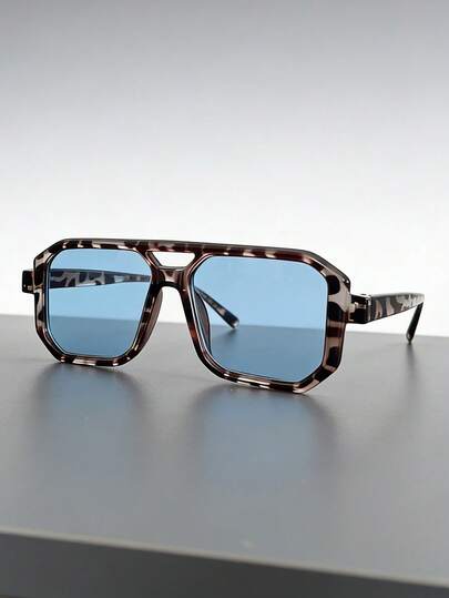 1 Pair Oversized Men's Double-Bridge Fashion Glasses, Leopard Print Frame, Versatile Blue Tint Fashionable Eyewear