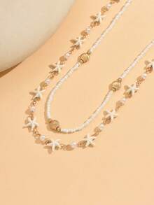 Bộ 2 chiếc vòng cổ thủ công phong cách Bohemian làm từ vỏ sò và hạt cườm, mặt dây chuyền hình sao biển màu ngọc lam và ngọc trai giả, đa năng cho đeo hàng ngày, du lịch, dự tiệc. - nhiều màu - Xem 3