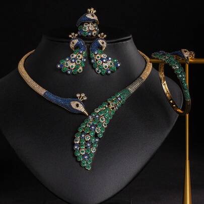 5件套女士时尚/复古孔雀凤凰锆石镶嵌耳环、项链、首饰套装，可调节颈链，适合男女日常、节日、派对、宴会佩戴，女士时尚首饰套装，礼品