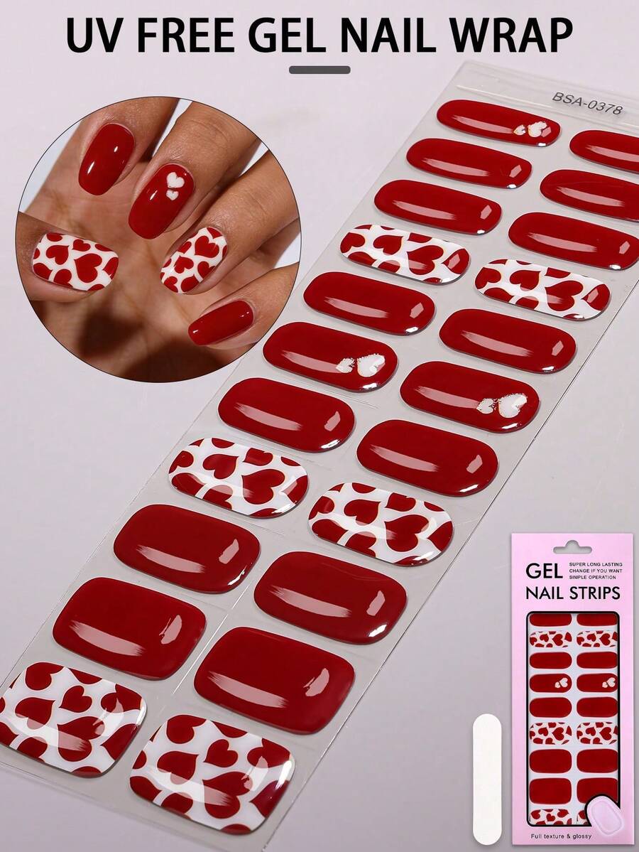 Bộ 22 miếng dán móng tay gel màu đỏ mùa xuân/hè (không cần dùng đèn UV) - Với thiết kế trái tim đỏ lãng mạn; dễ sử dụng và được thiết kế đặc biệt cho việc tự làm móng tại nhà của phụ nữ.